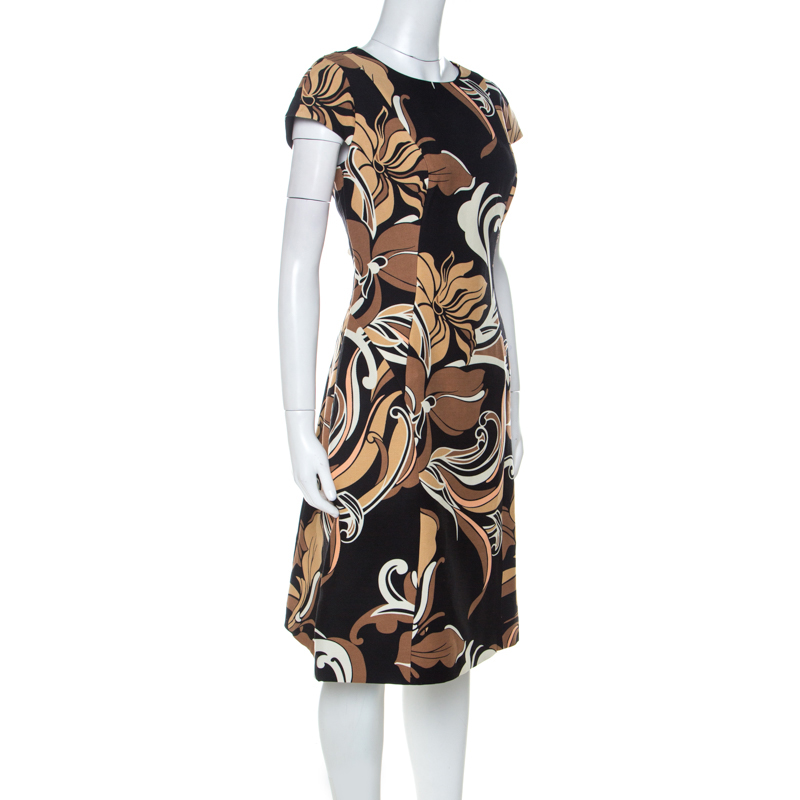

Escada Black and Brown Floral Printed Silk and Wool Blend A Line Dress