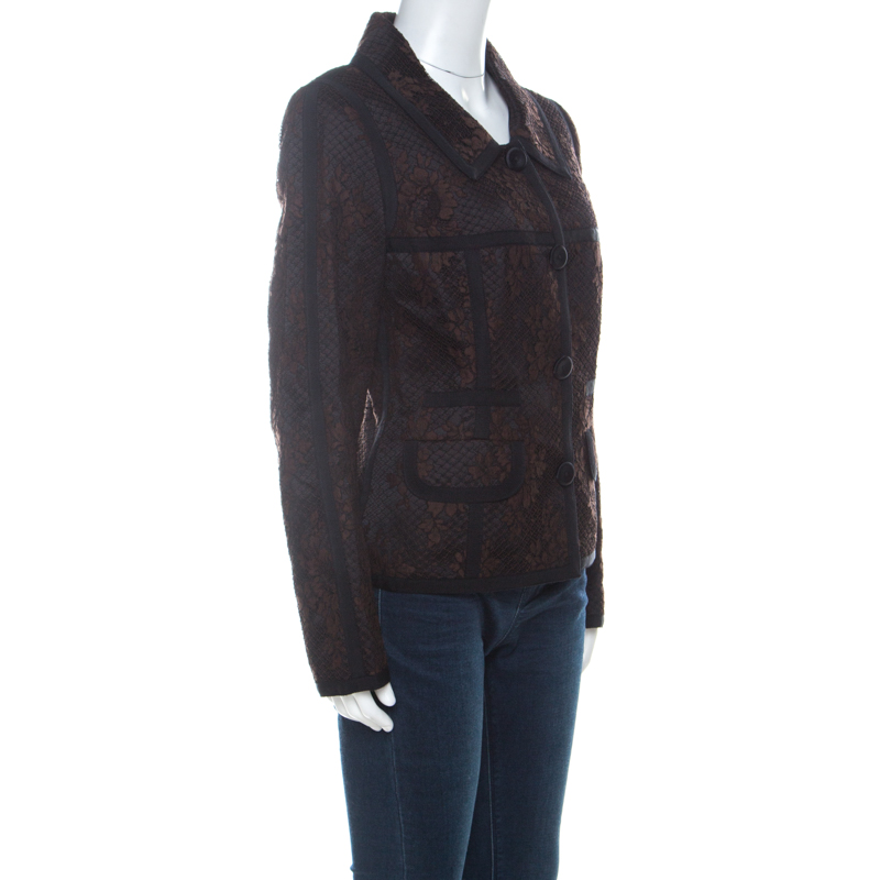 

Escada Black and Brown Lace Button Front Jacket