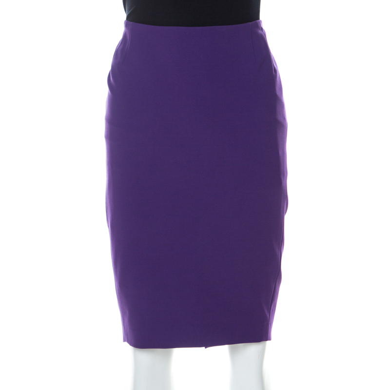 Pre Owned Escada Purple Stretch Crepe Ruched Back Pencil Skirt M 