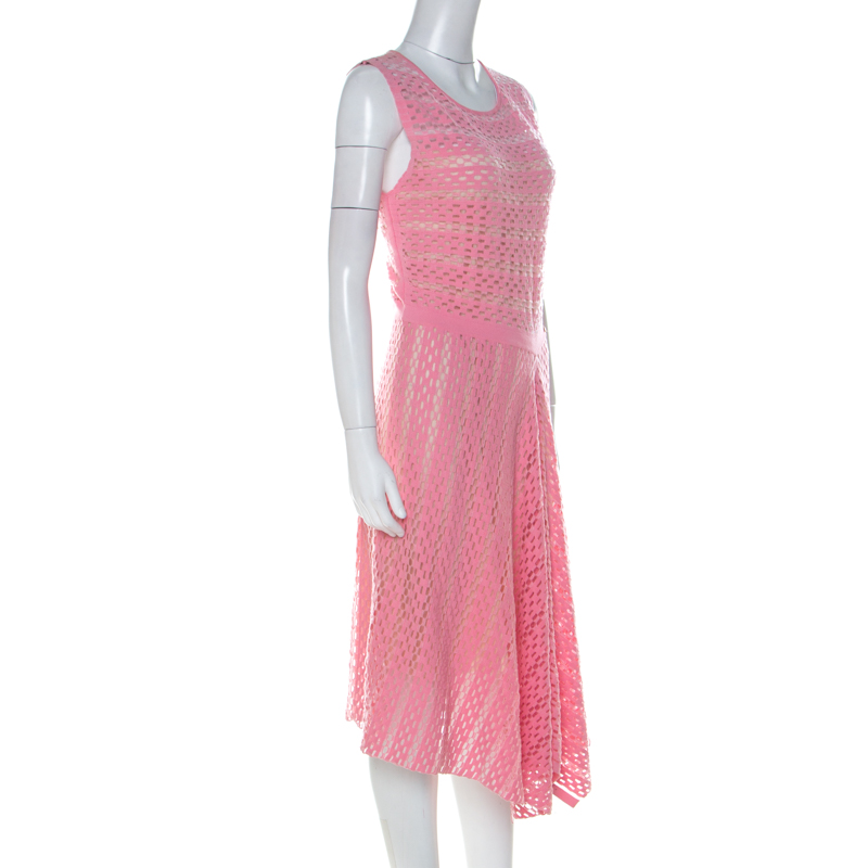 

Escada Pink Perforated Knit Asymmetric Hem Sleeveless Dress