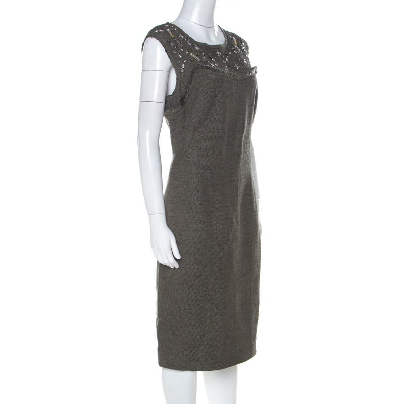 Pre-owned Escada Olive Green Tweed Embellished Delrose Sleeveless Dress M