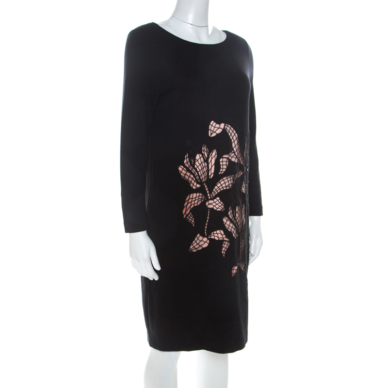 

Escada Black Rib Knit Floral Cut Out Overlay Elcami Long Sleeve Dress