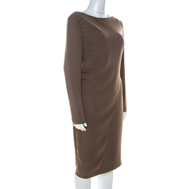 

Escada Olive Green Crepe Side Pleated Long Sleeve Shift Dress