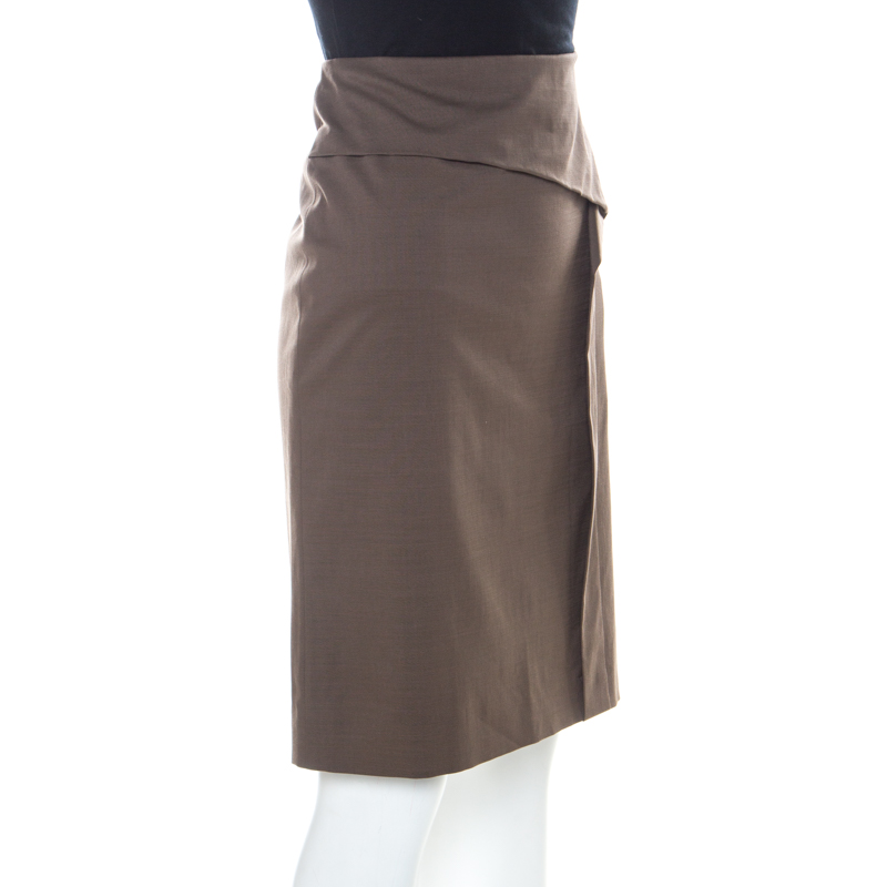 

Escada Oak Brown Stretch Wool and Cotton Blend Pencil Skirt