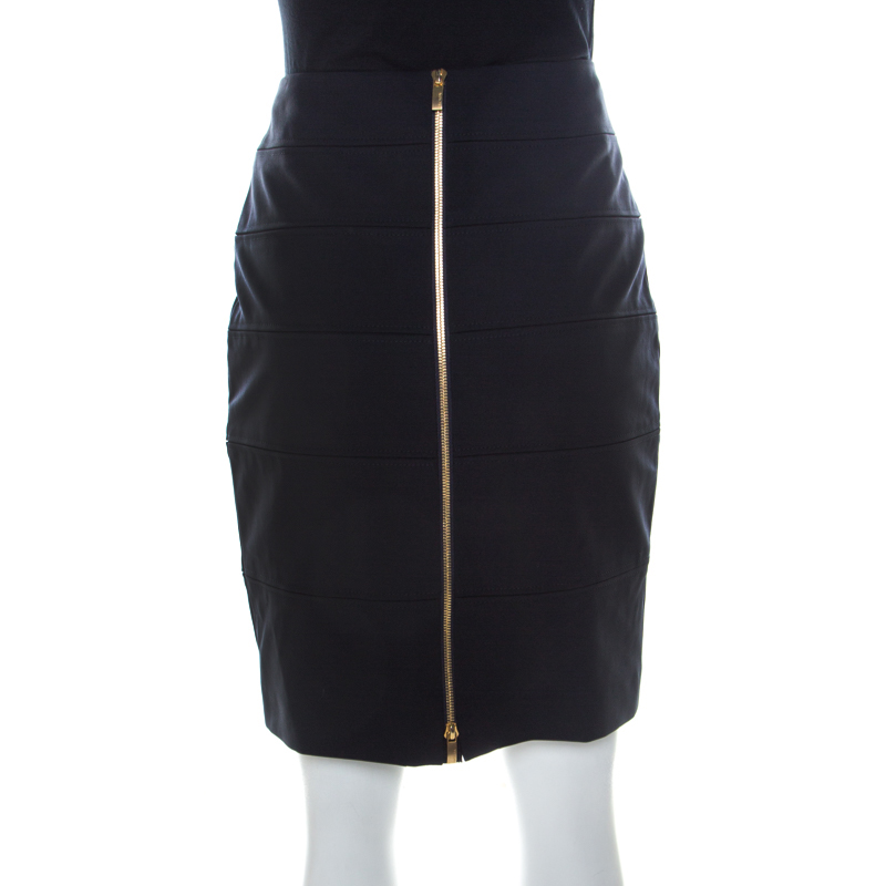 Pre-owned Escada Navy Blue Stretch Crepe Panelled Pencil Skirt M