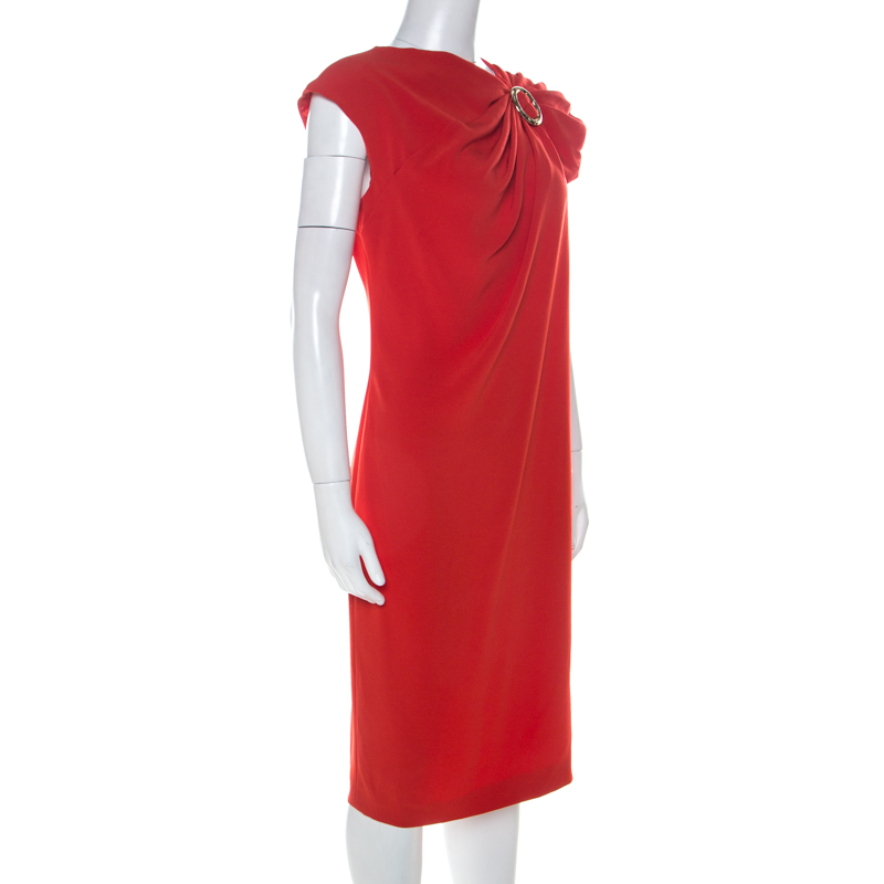 

Escada Melon Red Crepe Gathered Fabric O-Ring Detail Cap Sleeve Dress M