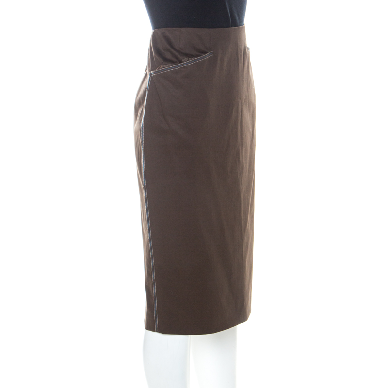 

Escada Military Green Cotton Topstitch Detail Pencil Skirt