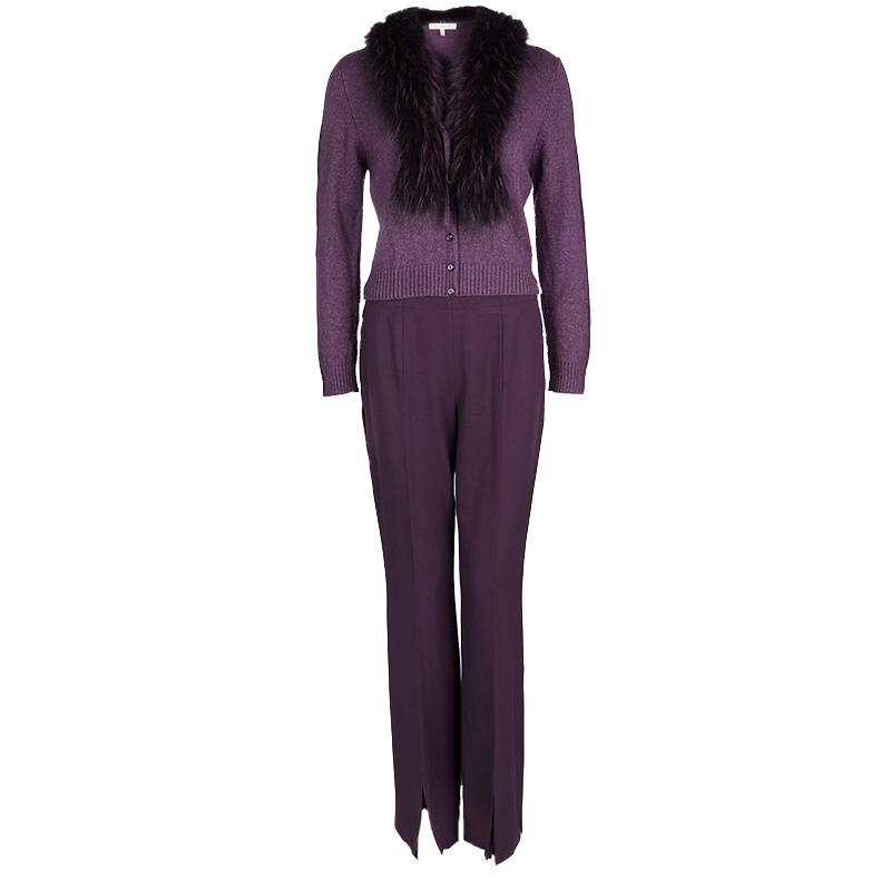 Pre Owned Escada Purple Wool Raccoon Fur Collar Detail Cardigan and Trouser Set M