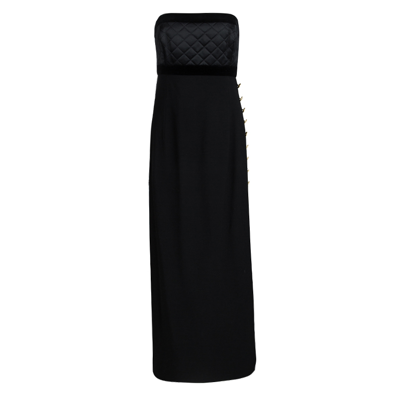 Escada Couture Black Quilted Velvet Trim Strapless Maxi Dress S