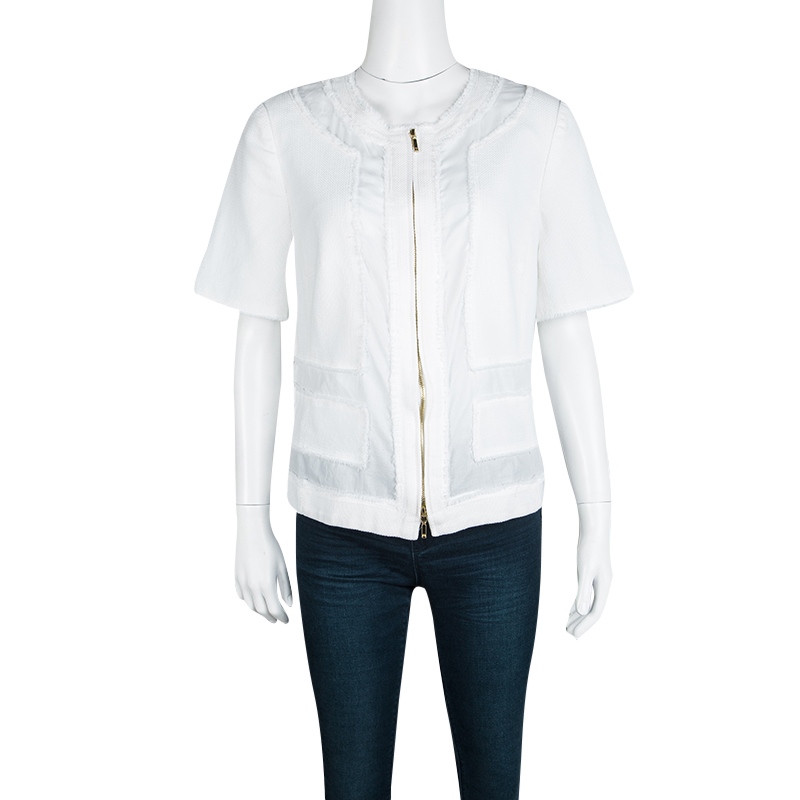 

Escada White Cotton Frayed Trim Detail Textured Short Sleeve Jacket