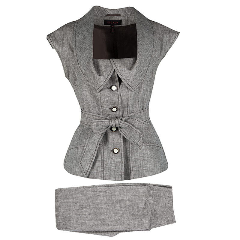 Escada Brown and White Textured Belted Vest and Trouser Set S