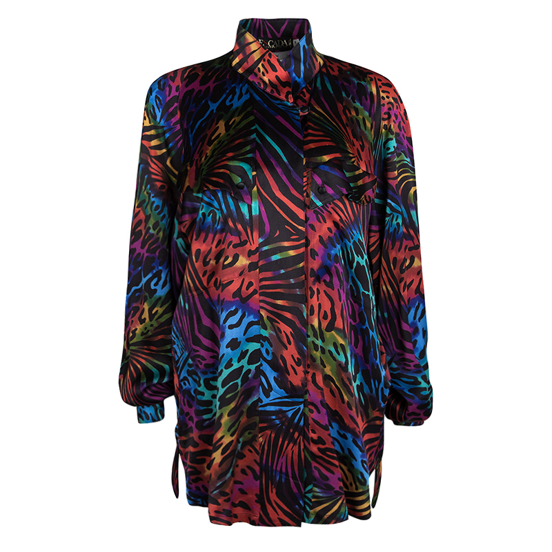 Pre Owned Escada Margaretha Ley Multicolor Animal Printed Silk Long Sleeve Oversized Shirt XS