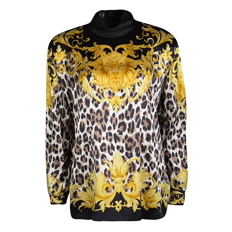 Pre Owned Escada Black Animal Printed Silk Satin Long Sleeve Power Shoulder Blouse S