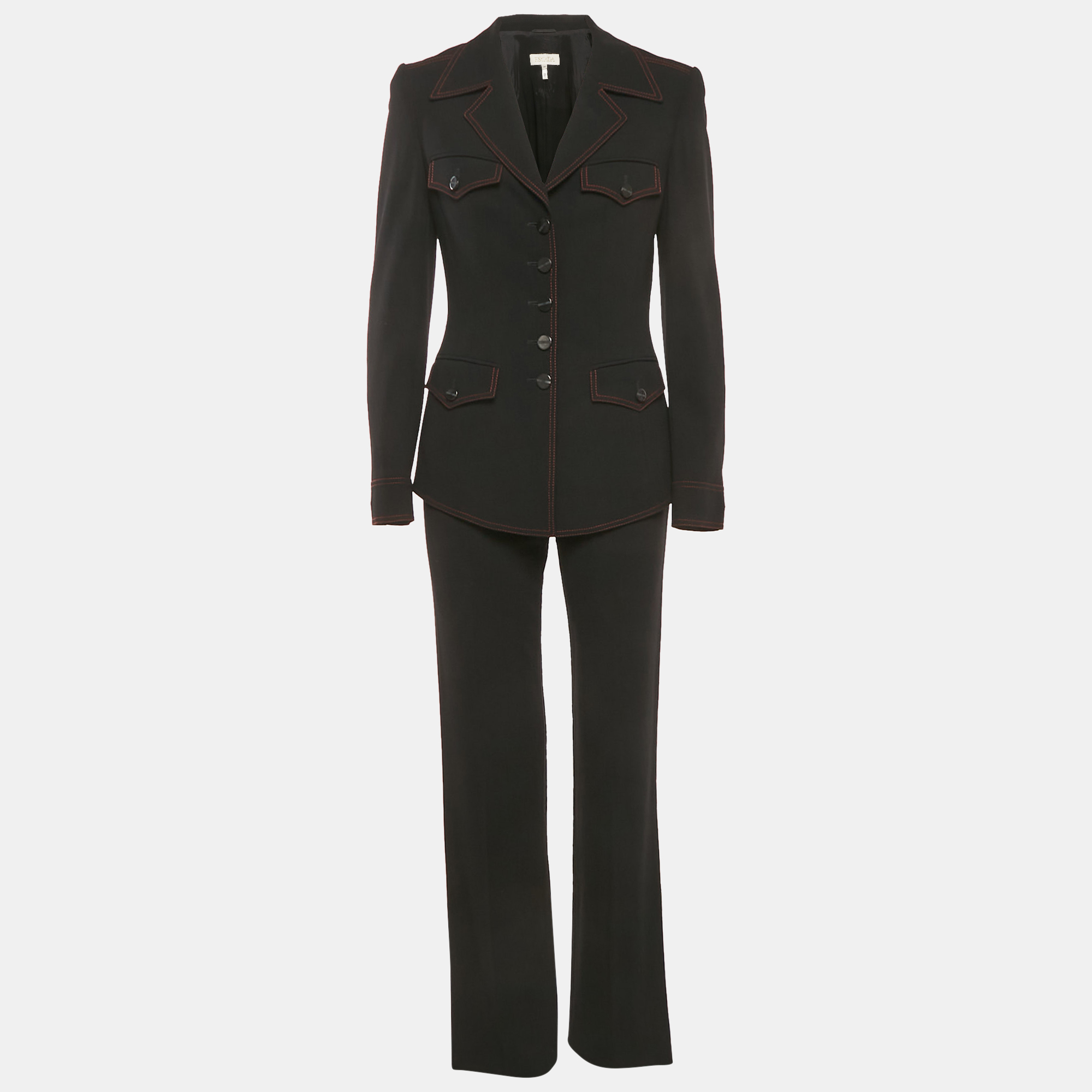 

Escada Black & Red Trim Wool Belted Pant Suit S