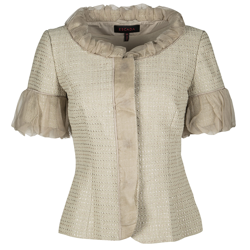 Pre Owned Escada Beige Textured Silk Trim Short Sleeve Jacket XS