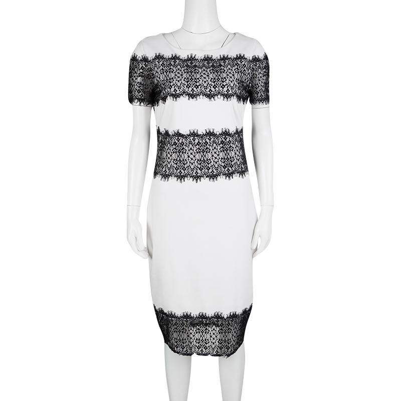 Pre-owned Escada Monochrome Scallop Lace Panel Detail Short Sleeve Dress Xs In White