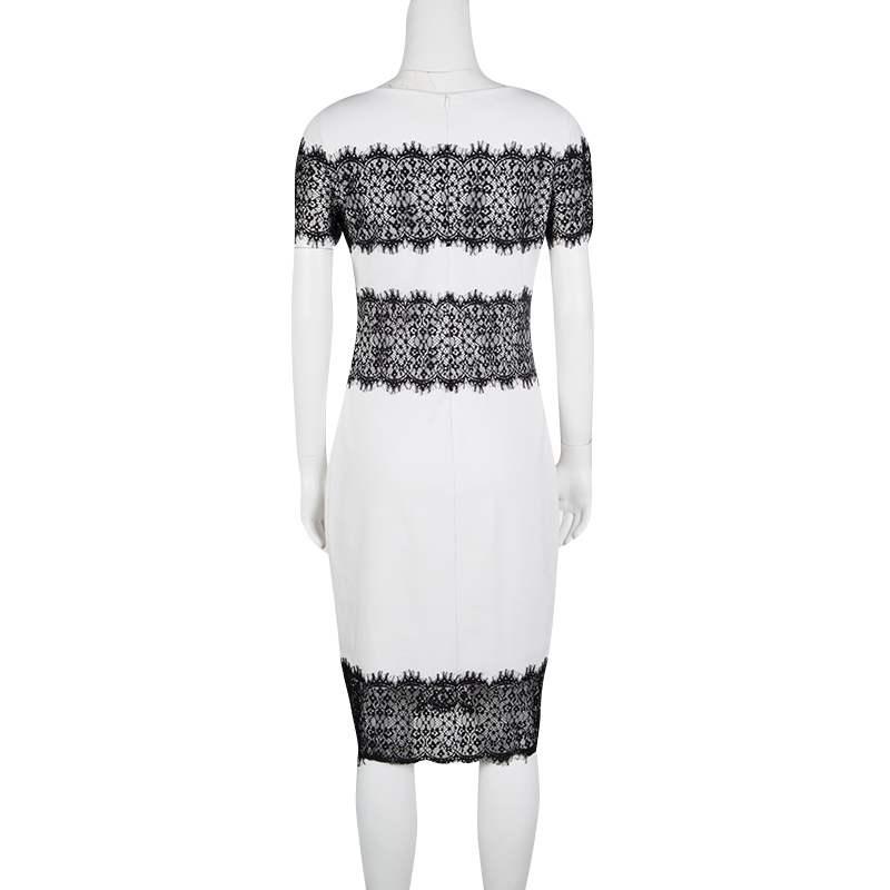 Pre-owned Escada Monochrome Scallop Lace Panel Detail Short Sleeve Dress Xs In White