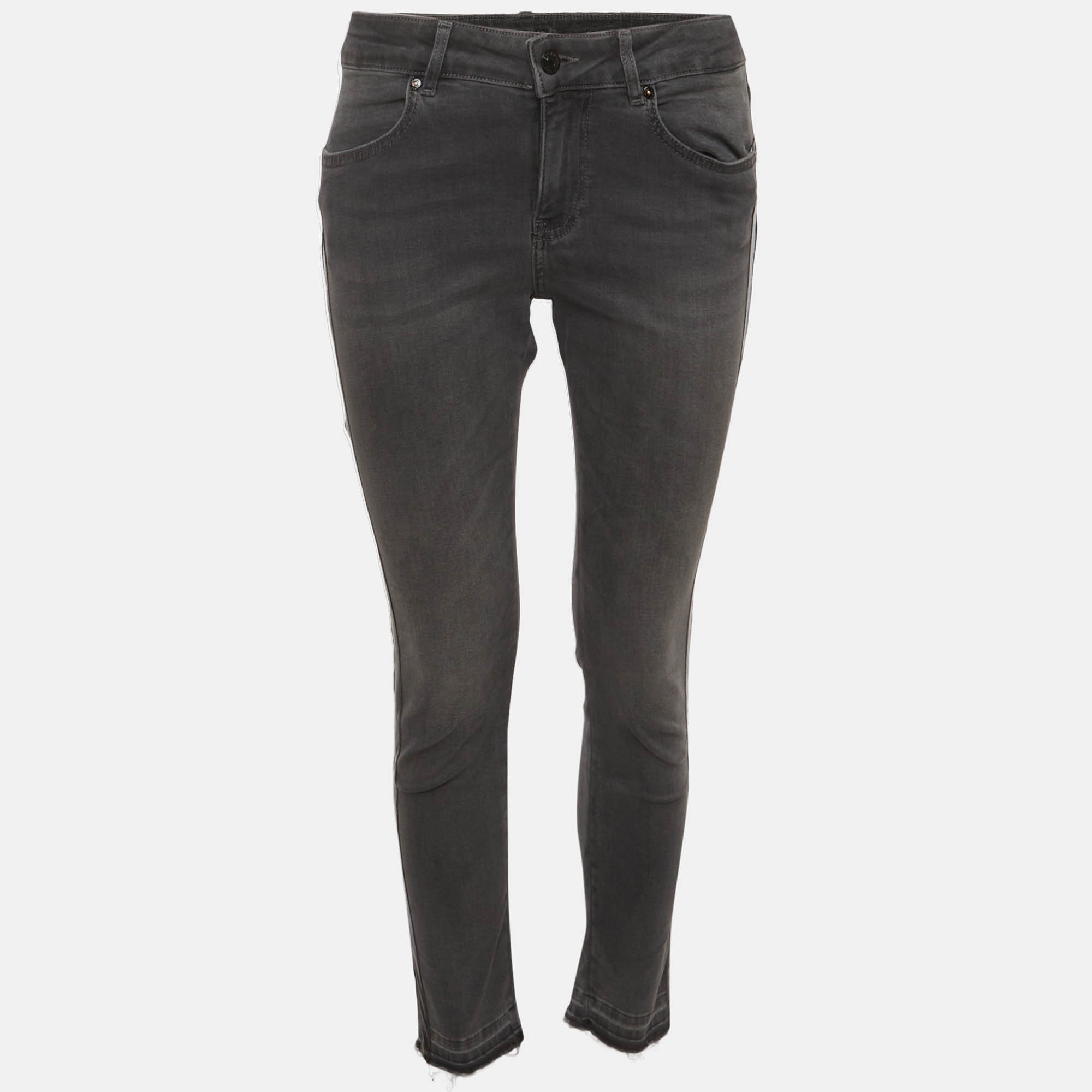 

Escada Grey Striped Stretch Denim and Leather Skinny Jeans M/Waist 30"