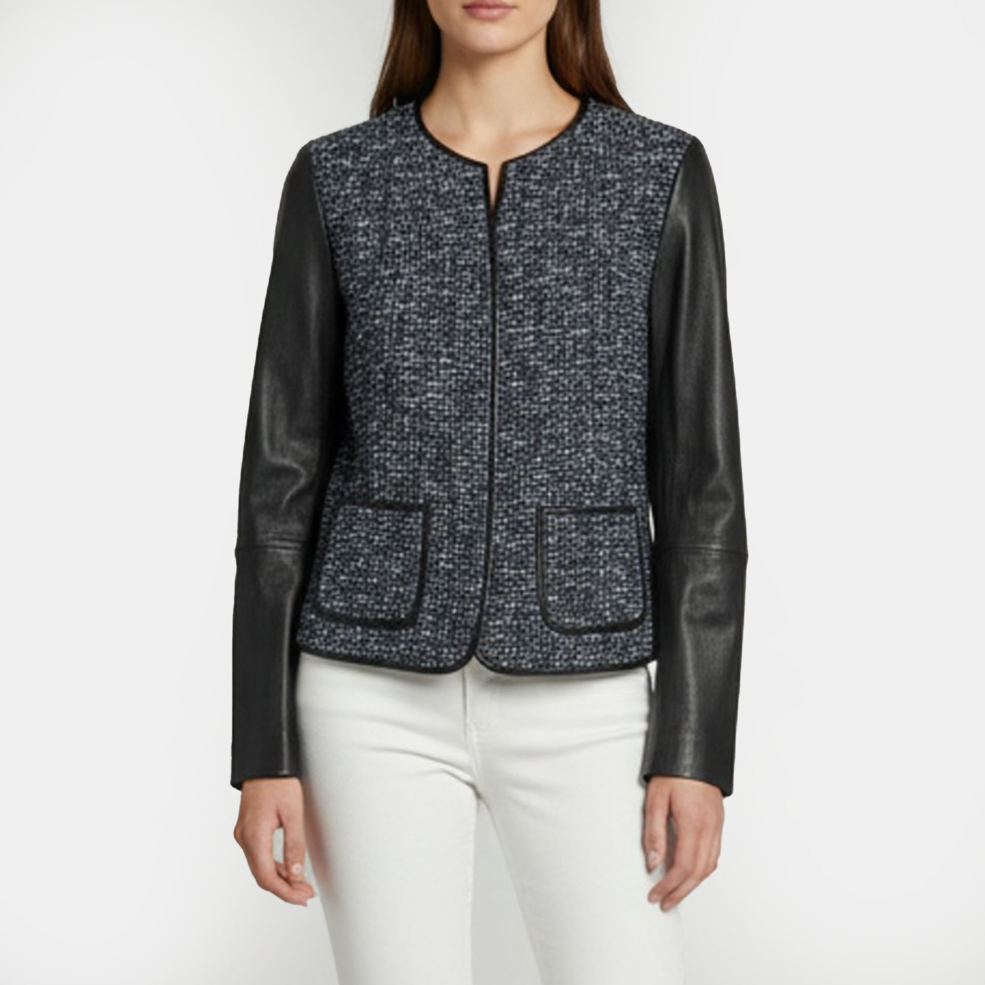 

Escada Black/Blue Tweed and Leather Button Up Jacket L