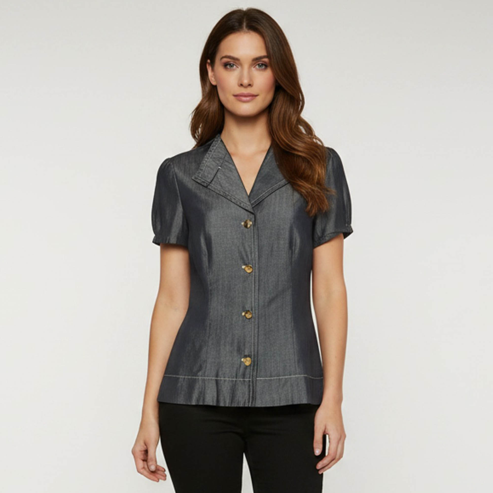 

Escada Blue Chambray Short Sleeve Fitted Top M, Black
