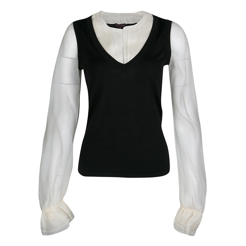 Pre Owned Escada Monochrome Faux Layered Ruffled Trim Long Sleeve Blouse S