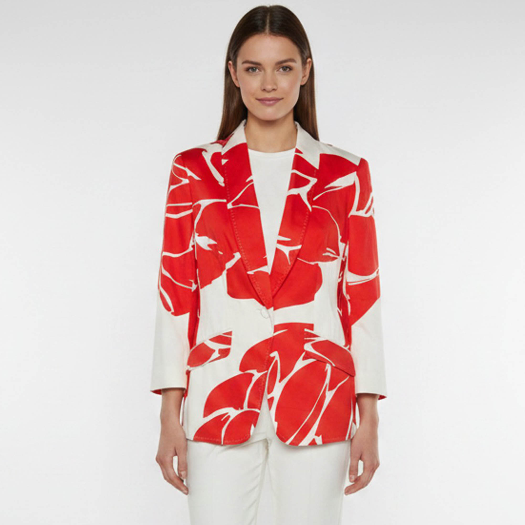 

Escada White/Red Floral Print Stretch Cotton Single Breasted Bethney Blazer L