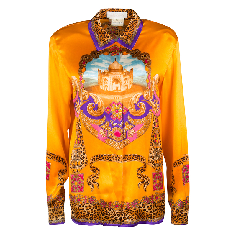 Pre Owned Escada Saffron Orange Taj Mahal Printed Silk Long Sleeve Blouse M