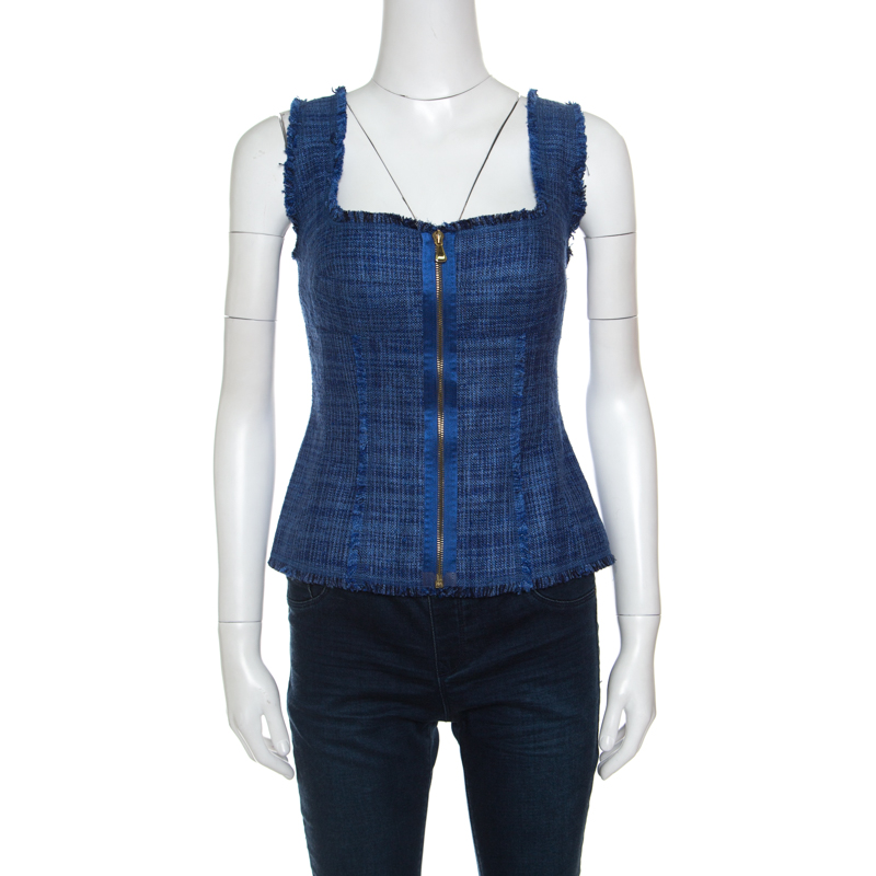 Pre Owned Escada Blue Textured Fringe Trim Zip Front Sleeveless Top M