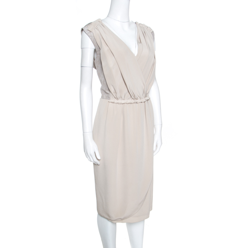 

Escada Beige Silk Pleated Faux Wrap Sleeveless Tulip Dress L