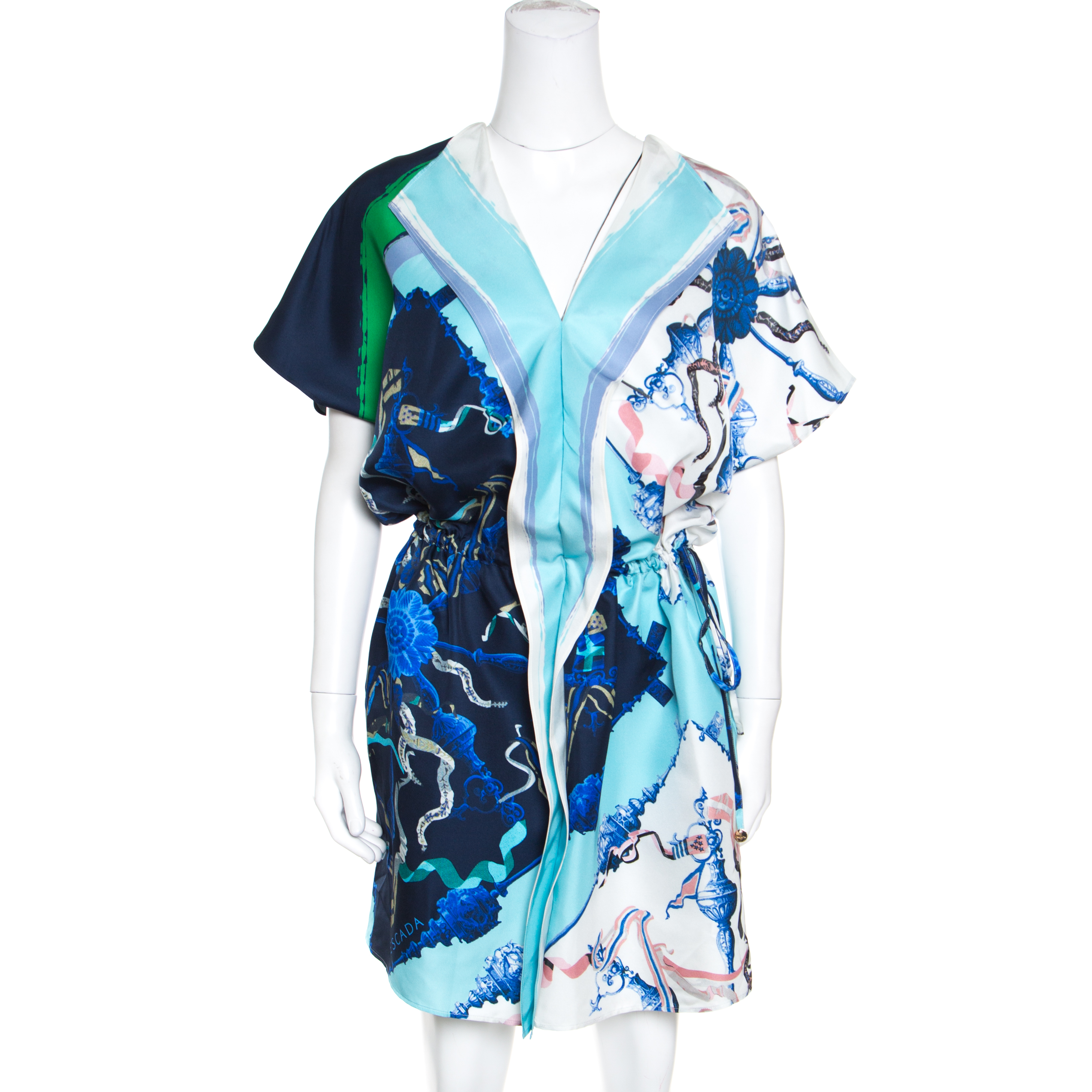 Escada Multicolor Printed Silk Draped Placket Drop Waist Tunic L