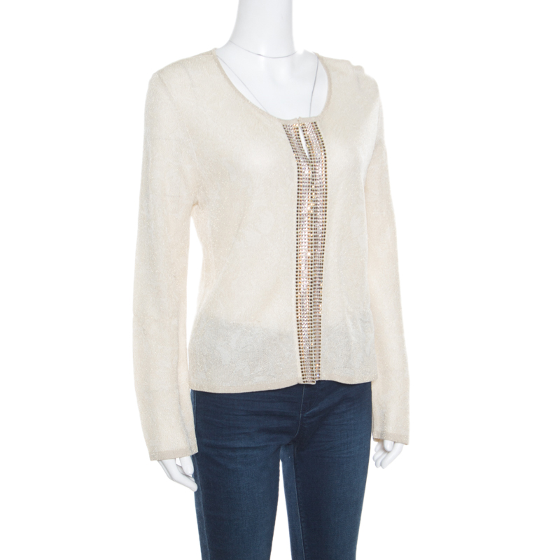 

Escada Beige Lurex Knit Embellished Cardigan