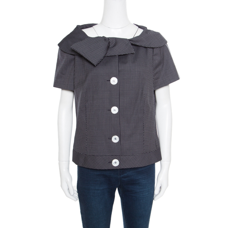 Pre Owned Escada Navy Blue Wool and Silk Jacquard Asymmetric Bow Detail Cropped Jacket L