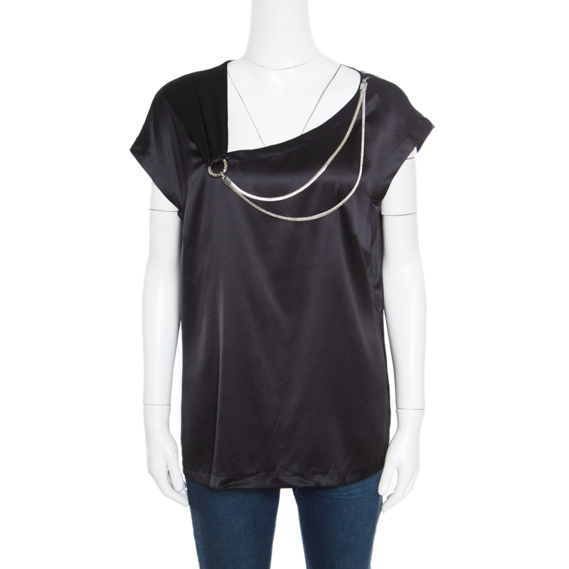 Pre Owned Escada Black Silk Chain Detail Asymmetric Neck Boxy Top L