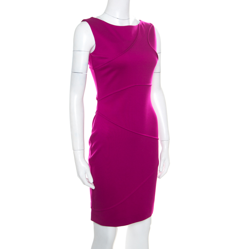 

Escada Hot Lava Purple Stretch Knit Pintuck Detail Sleeveless Bodycon Dress