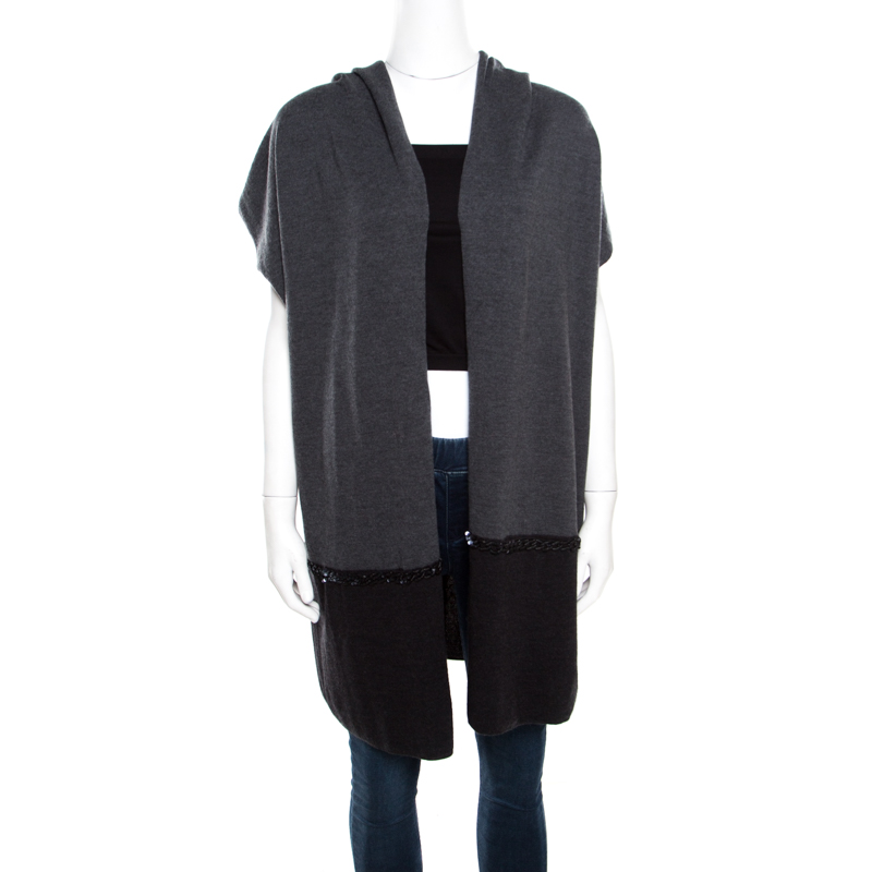 Escada Grey Dark Diamond Wool and Silk Open Front Sleeveless Hooded Cardigan M