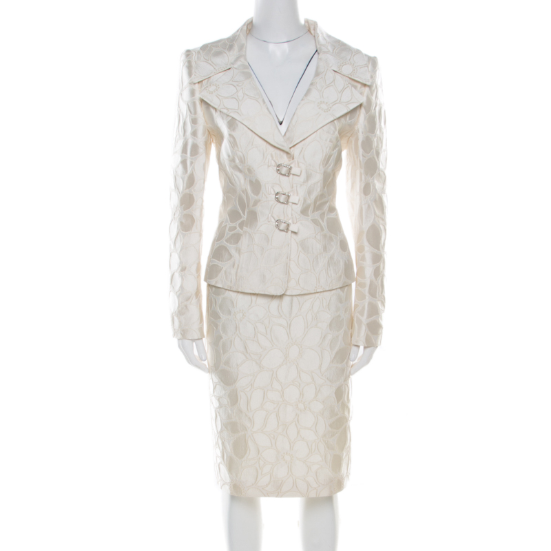 Escada Cream Floral Jacquard Embellished Buckle Detail Skirt Suit L
