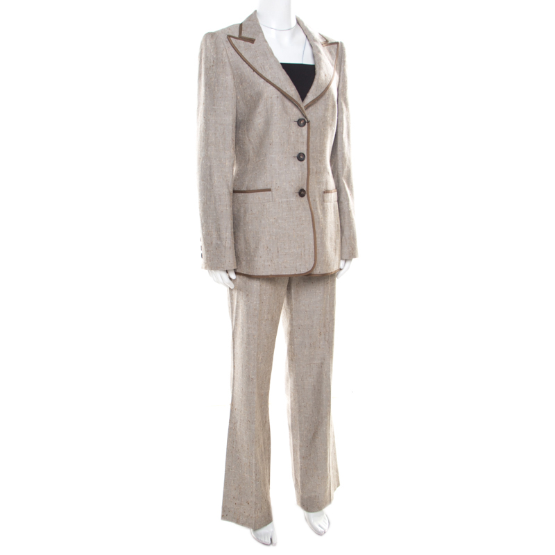 

Escada Brown Textured Cotton and Silk Blend Tailored Pant Suit