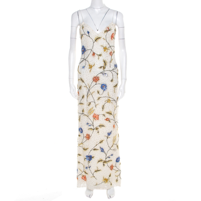 Pre Owned Escada Off White Floral Embellished Silk Sleeveless Maxi Dress S