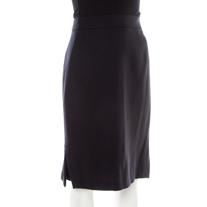 Pre Owned Escada Navy Blue Wool Crepe Slit Detail Razikan Skirt M