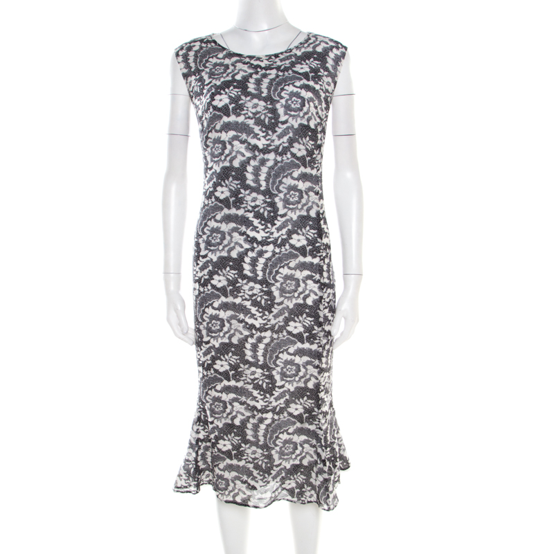 

Escada Monochrome Lace Printed Silk Sleeveless Flounce Midi Dress XL, White