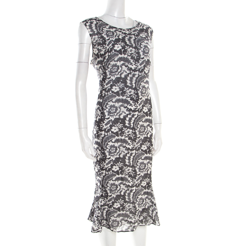 Pre-owned Escada Monochrome Lace Printed Silk Sleeveless Flounce Midi Dress Xl In White