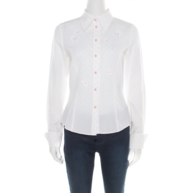 Escada White and Pink Cotton Dotted Floral Applique Long Sleeve Shirt M