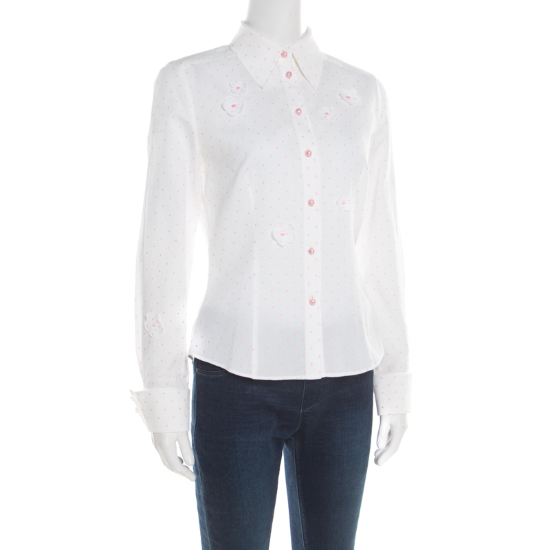 

Escada White and Pink Cotton Dotted Floral Applique Long Sleeve Shirt