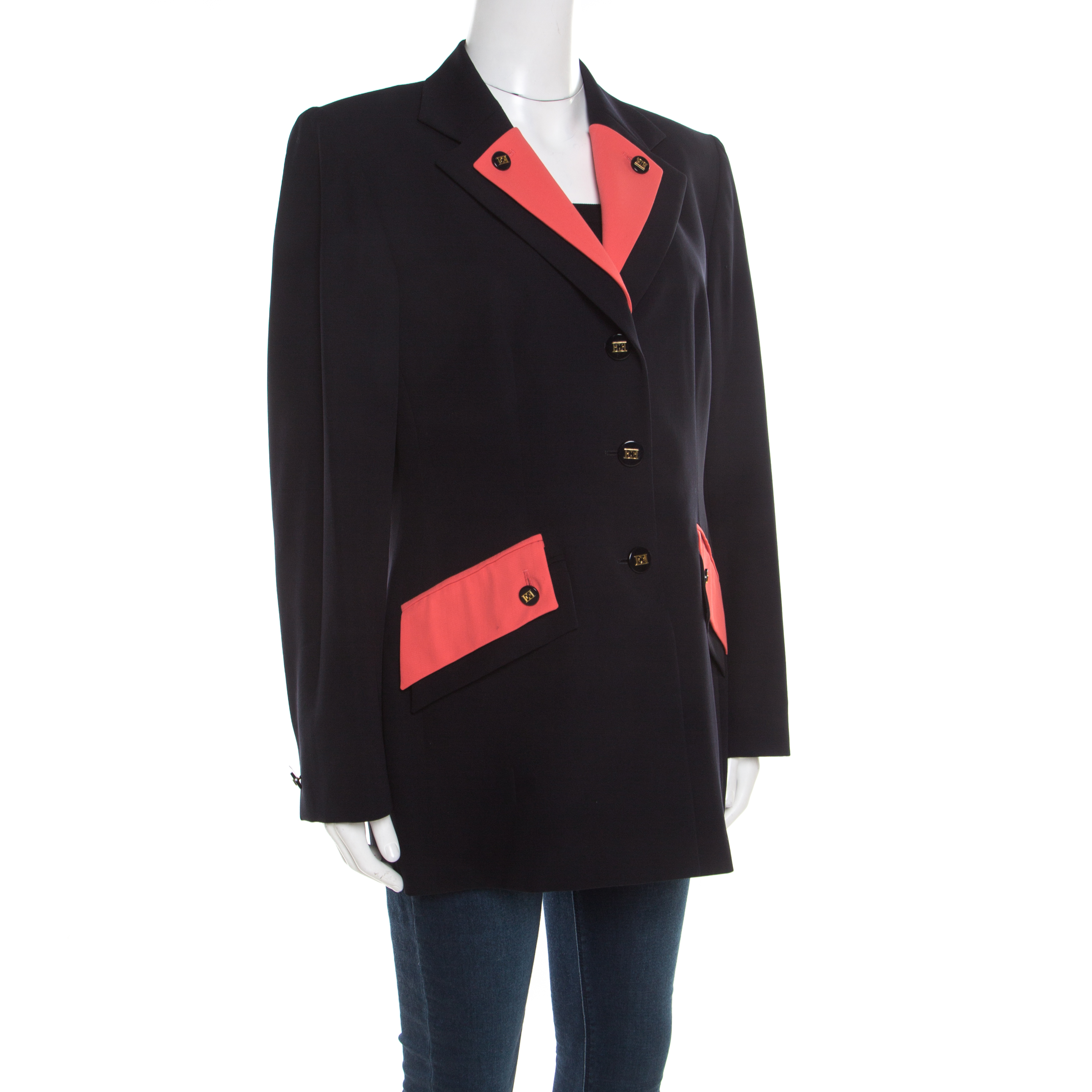 

Escada Black Wool Contrast Faux Layered Lapel Logo Button Detail Blazer