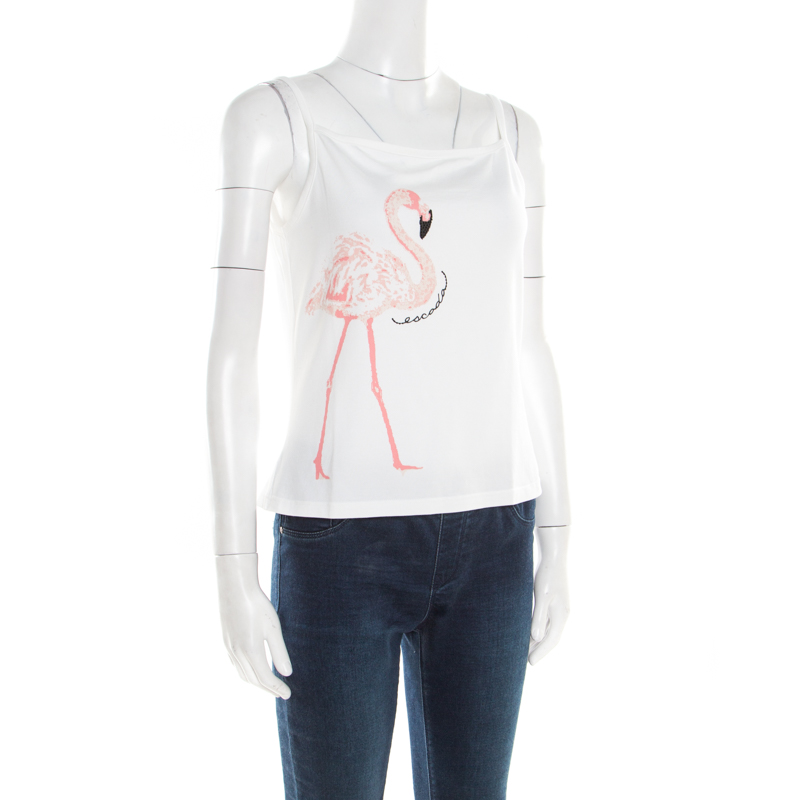 

Escada White Flamingo Printed Cotton Sleeveless Top