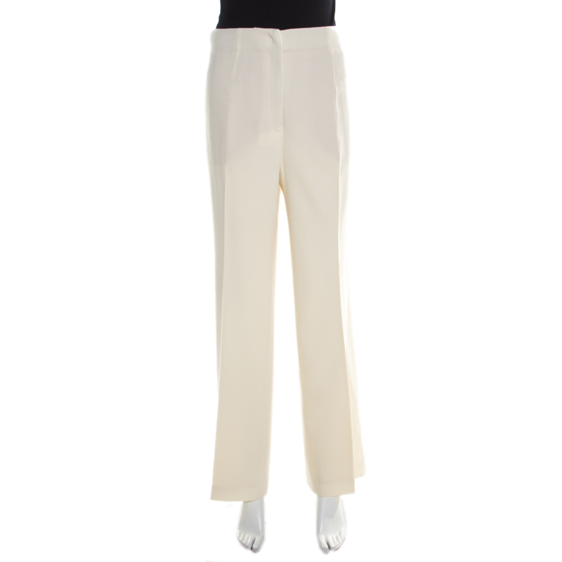 Pre Owned Escada Cream Stretch Wool Wide Leg Tunka Trousers XL