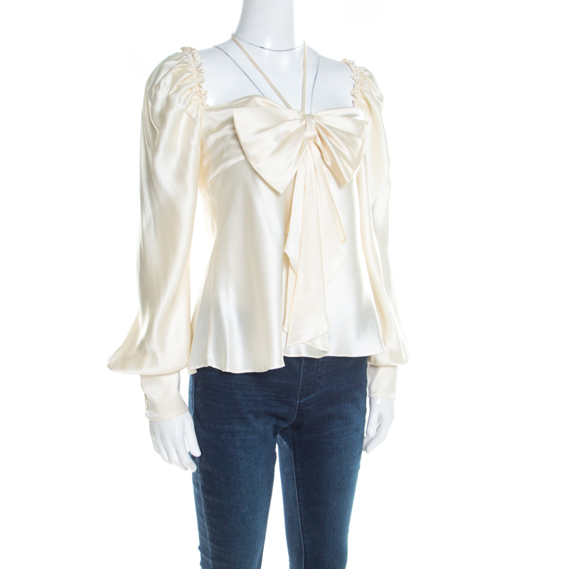 

Escada Cream Satin Bow Detail Long Sleeve Blouse