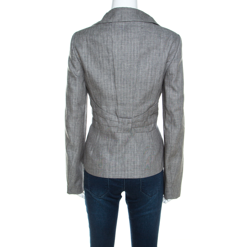 Pre-owned Escada Grey Linen And Wool Pleat Detail Tailored Blazer L