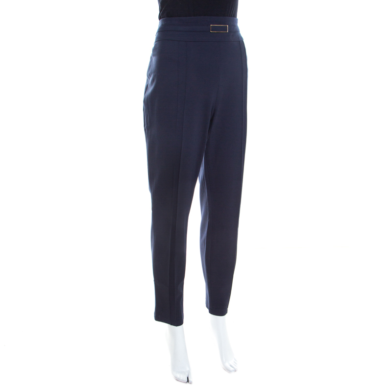 

Escada Navy Blue Jersey Logo Buckle Detail Tanessa Tapered Pants