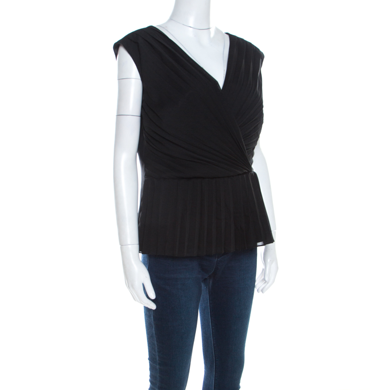 Pre-owned Escada Black Crepe Sleeveless Pleated Peplum Blouse L